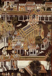 Detail of a mural depicting the Temple of the Emerald Buddha by Thai School